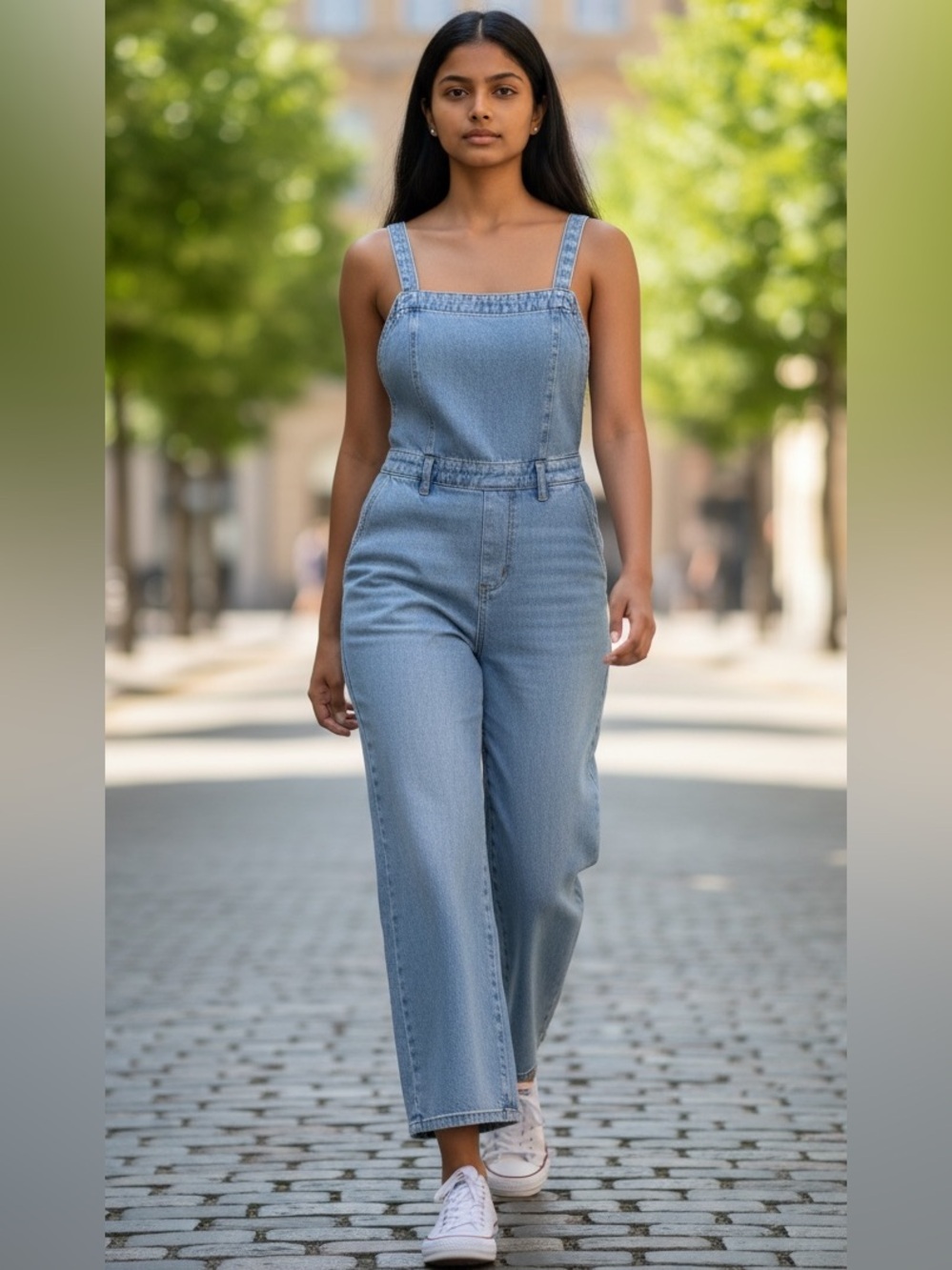 Light Wash Denim Jumpsuit with Wide Legs